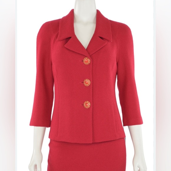 ST JOHN Collection Jacket Knit Red Sweater Blazer Size 8 Medallion Buttons - Picture 1 of 10